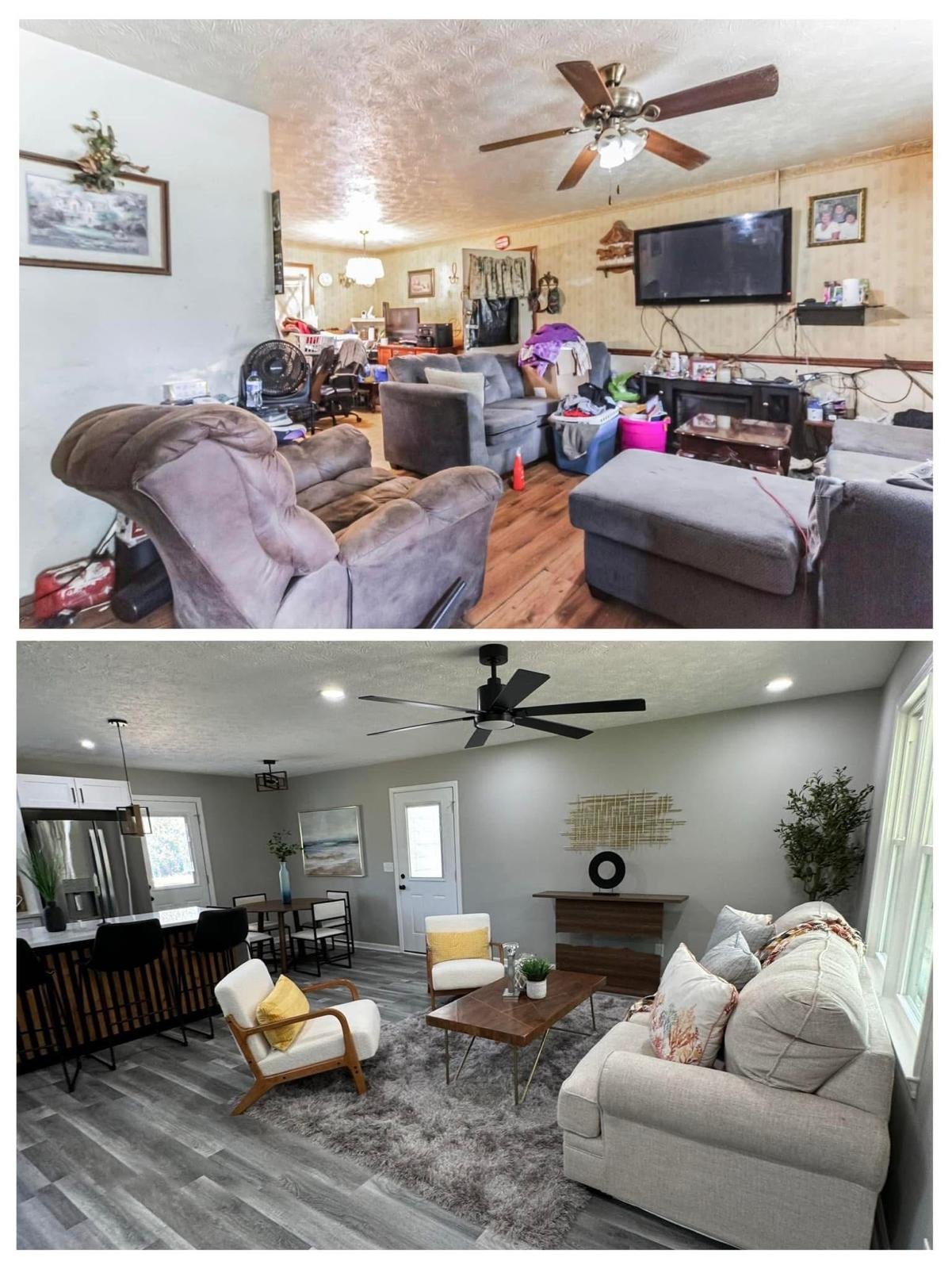 Before-and-after living area transformation completed by Zidane Properties